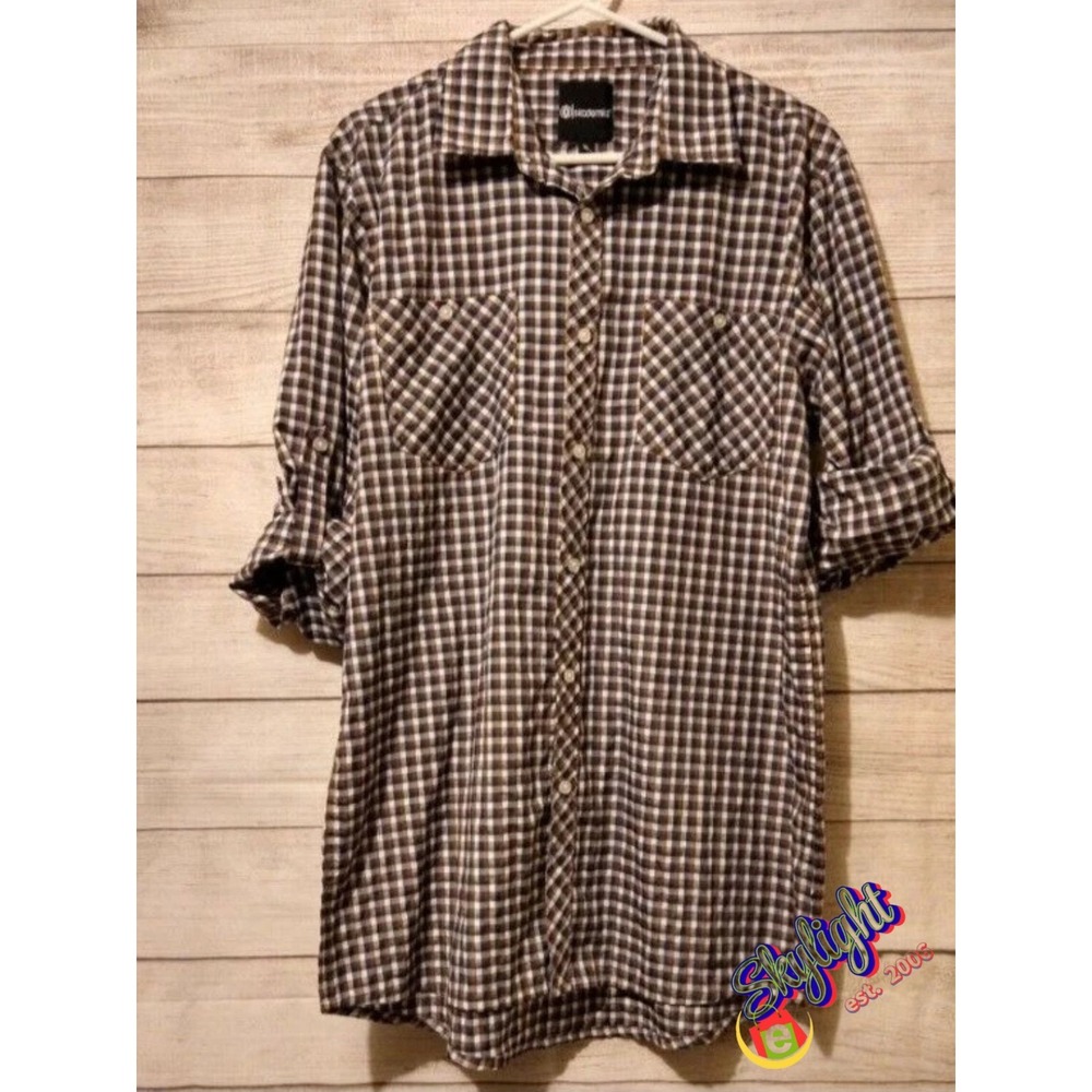 Akademiks Men's Plaid Brown, White & Navy Button‎ Down Long Sleeve Shirt Size Xl